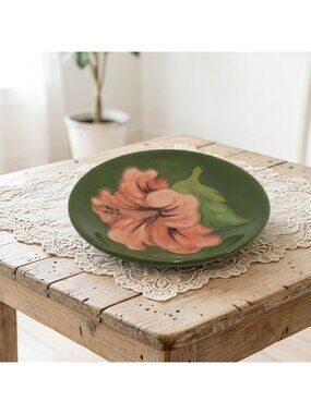 Moorcroft Hibiscus Pin Dish Green Coral Trinket Bowl England Vintage 4.7"